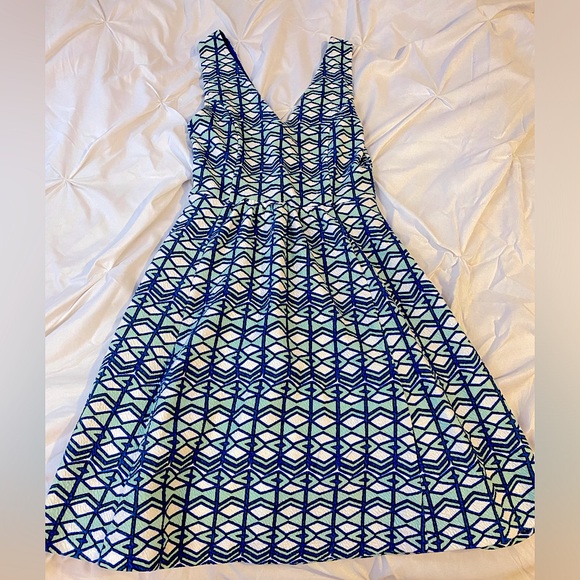 Geometrical patterned turquoise, blue, white Flowy Mini Dress - Picture 1 of 3